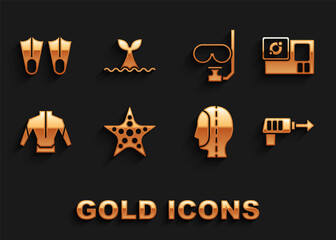 Set Starfish, Action camera, Fishing harpoon, Diving hood, Wetsuit, mask and snorkel, Rubber flippers and Whale tail ocean wave icon. Vector © Oksana