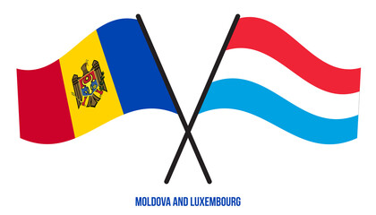 Moldova and Luxembourg Flags Crossed And Waving Flat Style. Official Proportion. Correct Colors.