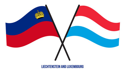 Liechtenstein and Luxembourg Flags Crossed And Waving Flat Style. Official Proportion