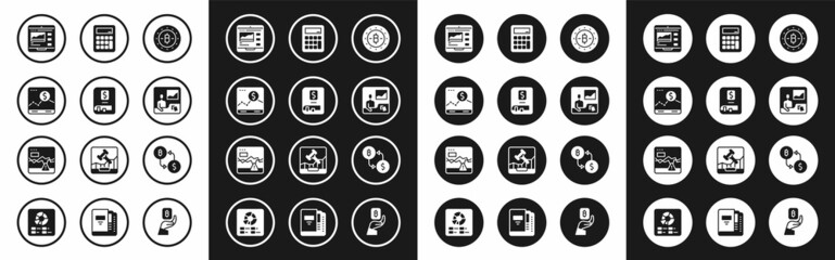 Set Bitcoin, Financial book, Website with growth graph, Trading courses, Calculator, Cryptocurrency exchange and Failure stocks market icon. Vector