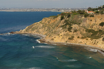 Image looking north of the Pacific coastline shown from Palos Verdes Estates Shoreline Preserve in Southern California.