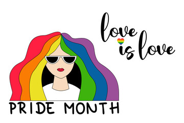 LGBT Pride Month. love is love. Lesbian girl in black glasses with rainbow hair. LGBT pride flag in rainbow colors. Human rights and tolerance. Vector illustration. LGBTQ Symbol. Groovy celebration.