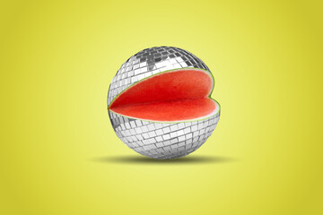 Disco ball as an watermelon on yellow background. Modern design. Copyspace. Contemporary art....