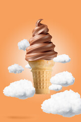 Advertising of delicious chocolate ice cream on a cloudy orange background