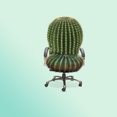 Cactus chair on bright blue background. Uncomfortable chair. Creative minimal idea. 