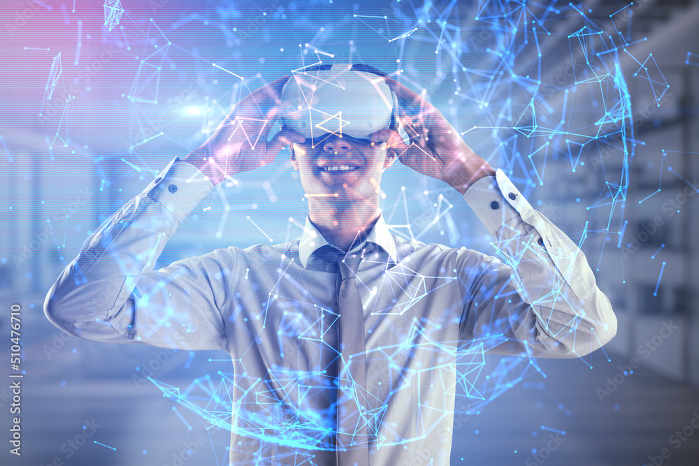 Aufkleber Virtual office and VR networking concept with young man in modern headset and digital glowing sphere symbolizing world net