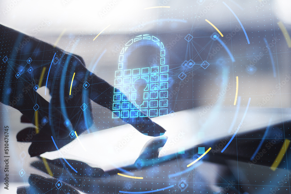 Aufkleber close up of backlit woman hand pointing at pad at desktop with glowing security padlock on backgroun