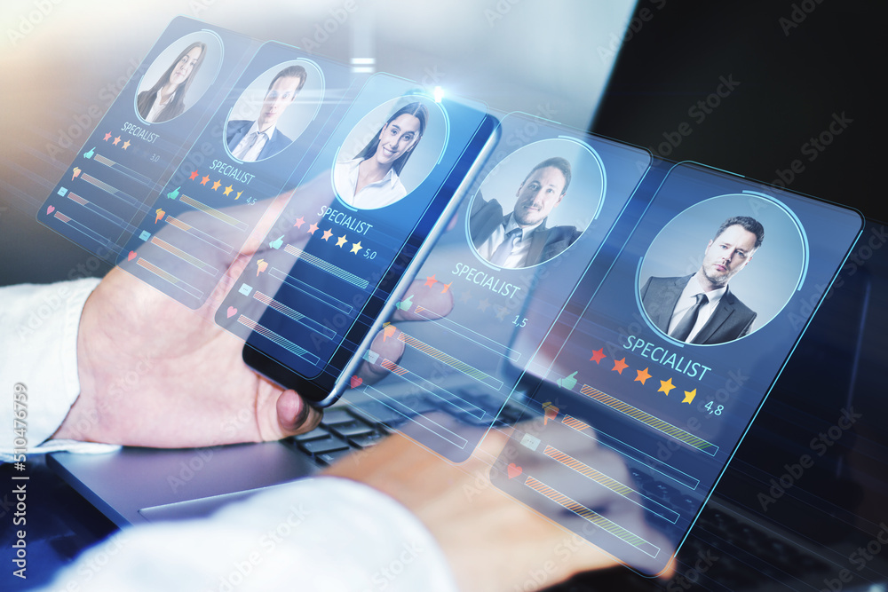Poster online recruitment application and one day specialist online search service concept with man smartph