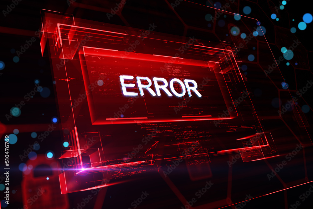 Fototapete Web server error and software failure concept with perspective view on white error sign in red glowing frame on abstract dark background. 3D rendering