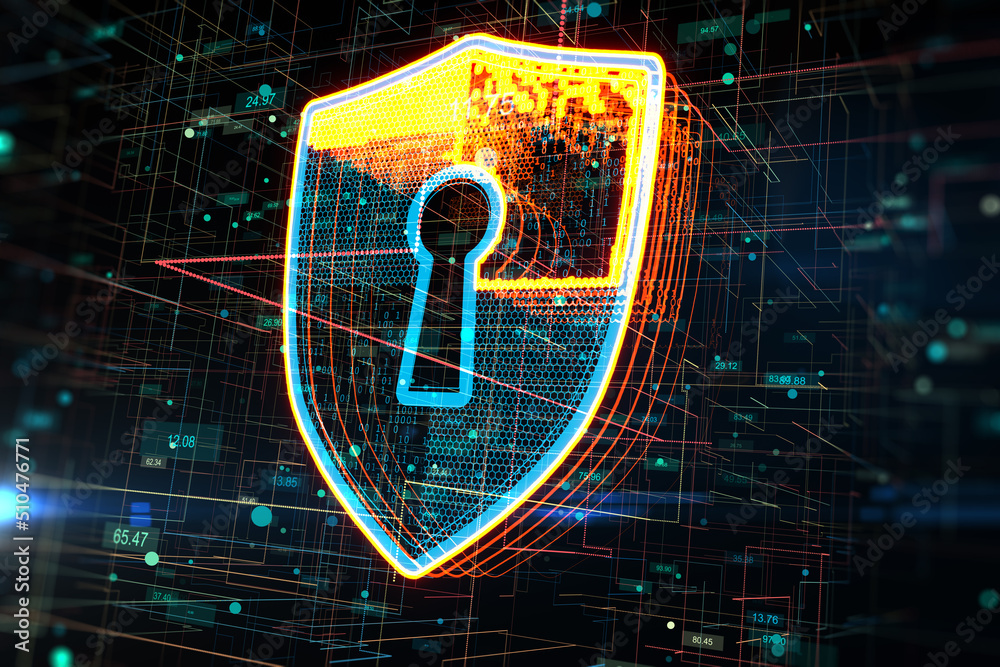 Poster Information security against virus and data protection concept with digital shield symbol with keyhole inside on abstract dark background. 3D rendering