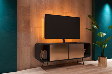 Perspective view on dark blank TV screen with place for your text or logo on wooden wall in stylish...
