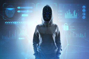 Anonymous access and face recognition concept with digital safety system interface and faceless...