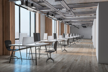 Perspective view on spacious sunlit coworking office with eco interior design, city view from big windows, wooden floor and wall decoration and cozy work places with modern computers. 3D rendering