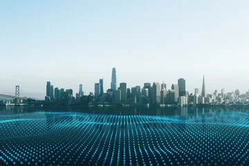 Foto op Plexiglas Verenigde Staten Wireless connection and smart city concept with abstract digital dotted waves cover river on megapolis city skyline background