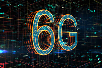 6G network internet mobile wireless business concept with perspective view on bright digital symbols and speed indicators on abstract technological background. 3D rendering