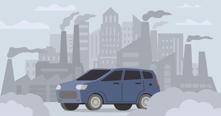 Car air pollution.Road smog.Industrial carbon dioxide cloud. Polluted air environment at city.Atmospheric pollution.Bad urban environment.Contamination problem.Vector flat illustration.