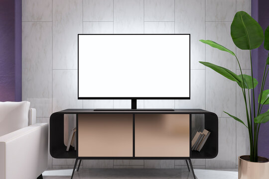 Front view on blank white TV screen with space for your text or logo on vintage stand between white armchair and flower in stylish living room. 3D rendering, mock up