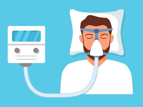 Continuous positive airway pressure.Obstructive sleep apnea. Man lying on bed.Cpap mask.Patient in hospital cpap therapy.mask fitted over a head. The guy with the oxygen mask fitted ov