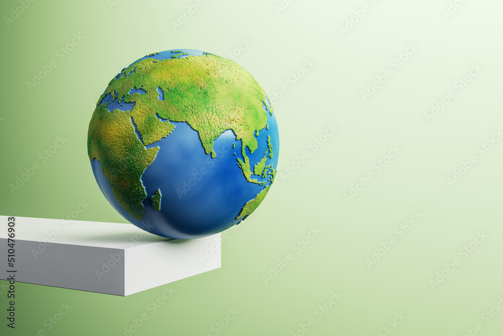 Aufkleber Abstract image of globe on edge of white block trampoline and mock up place on green background. 3D Rendering.