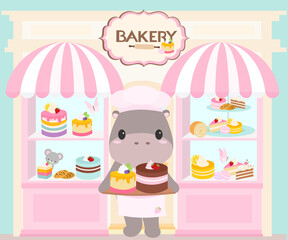 Sweet bakery shop window with all kind of pastries and cakes and pies and a cute hippo holding pies in strawberry apron