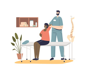 Professional male osteopath making massage to woman sitting on table. Rehabilitation therapy