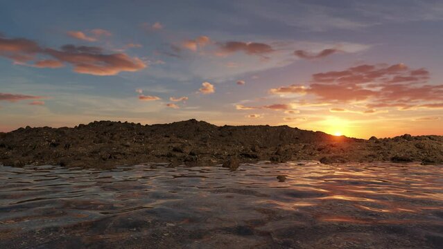 Rocky Desert 3D Rendered Terrain Landscape with Looping Clear Water at Sunset