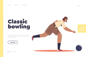 Classic bowling concept of landing page with girl play bowling. Young woman enjoy indoor activity