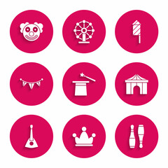 Set Magic hat and wand, Jester with bells, Bowling pin, Circus tent, Balalaika, Carnival garland flags, Firework rocket and Clown head icon. Vector