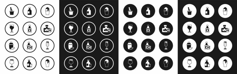 Set Glass of beer, Whiskey bottle, Wine glass, Champagne an ice bucket, and, vodka, champagne and Cocktail shaker with lime icon. Vector