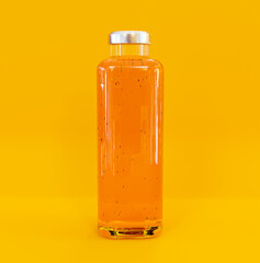 Fresh orange juice in glass bottle with yellow background 3D illustration.