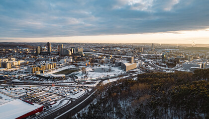 European capital city in sunset golden hour aerial view winter