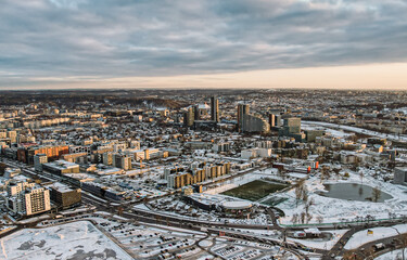 European capital city in sunset golden hour aerial view winter