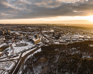 European capital city in sunset golden hour aerial view winter