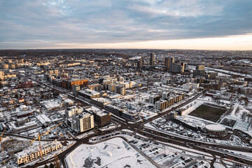 Obraz premium European capital city in sunset golden hour aerial view winter