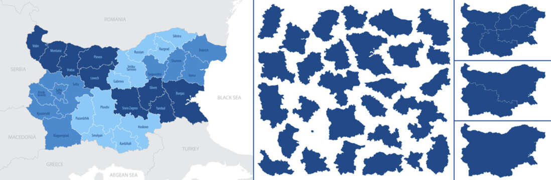 Detailed, vector, blue map of Bulgaria with administrative divisions into Regions and Provinces (Oblasts)