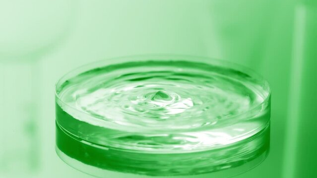Water drop falls down into petri dish with transparent liquid creating ripples on its surface on green background | Abstract skin care cosmetics mixing concept