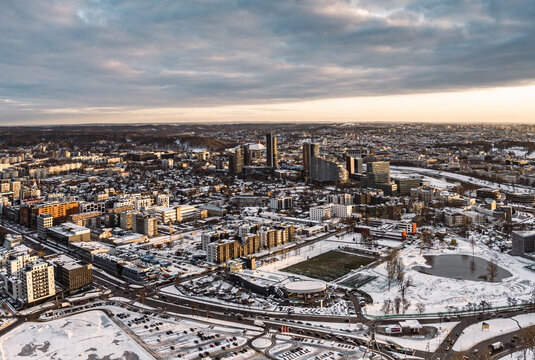 Fototapeta European capital city in sunset golden hour aerial view winter