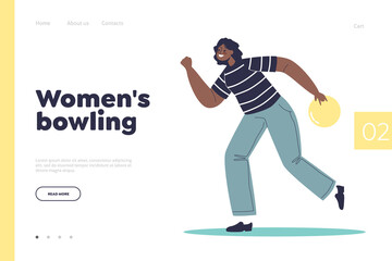 Women bowling concept of landing page with young african american woman throw ball for bowling game