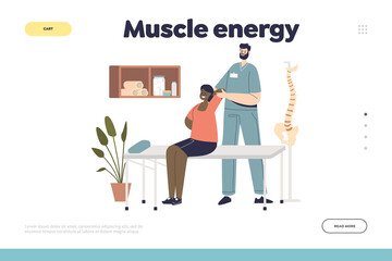 Muscle energy concept of landing page with professional male osteopath making massage to woman