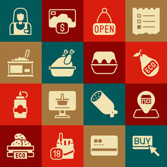 Set Buy button, Location Market store, Healthy organic pear, Hanging sign with Open, Roasted turkey chicken, Tin can caviar, Seller and Chicken egg box icon. Vector