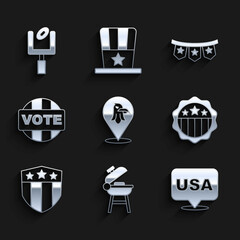 Set Eagle, Barbecue grill, USA Independence day, Shield with stars, Vote, Carnival garland flags and American football goal post icon. Vector