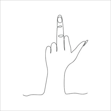 Woman's hand showing the gesture "fuck you" drawn in one line. Sketch. Middle finger. Vector illustration in doodle style.