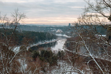 Lithuanian capital city landscape with river in the winter in Europe