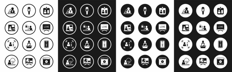 Set Journalist id card, Breaking news, World, Live report, Microphone, Information and Television icon. Vector