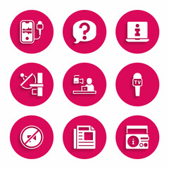 Set Breaking news, News, on radio channel, Microphone, Censored stamp, Radar, Information and Mobile recording icon. Vector