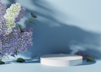 Obraz na płótnie Canvas Podium with flowers on the blue background. Elegant podium for product, cosmetic presentation. Mock up. Summer or spring mood, blossom. Pedestal, platform for beauty products. 3D rendering.