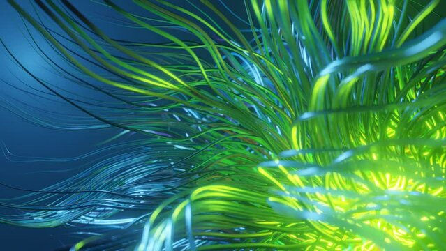 live curls underwater like fur, multi-colored threads or hair. Mist and DOF bokeh effects. Mysterious background with live curved lines, close-up. 4k seamless looped bg. Volumetric lights.