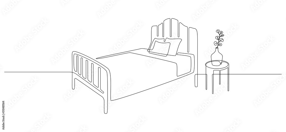 Poster continuous one line drawing of double bed and table with vase and plant. scandinavian stylish furnit