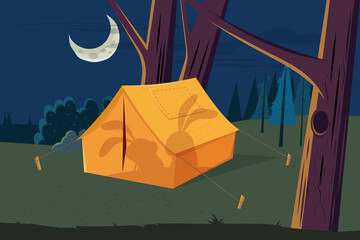 funny cartoon illustration of rabbits in a camping tent