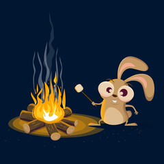 funny cartoon rabbit with campfire and marshmallow